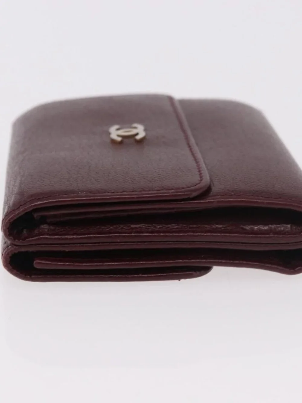 CHANEL Trifold Wallet Leather Bordeaux Gold CC Auth bs35714